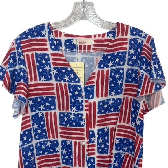 Roshop Flag Print Tie Button Front Shirt Womens Small Blue Red New Short Sleeve - Picture 3 of 10